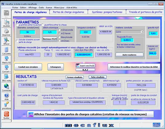 Logiciel de calcul de pertes de charges